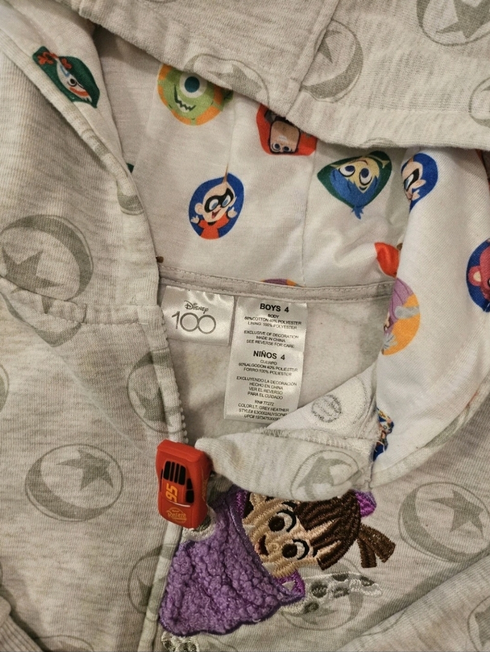 Disney 100 Boys Full Zip Hoodie Gray Size 4 Lightning McQueen Boo Dory - Picture 2 of 3